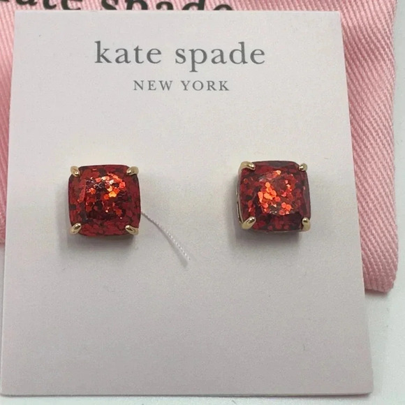 NEW Kate Spade Mini Small Square Glitter Stud Earrings Red Gold K7538 - Picture 4 of 11